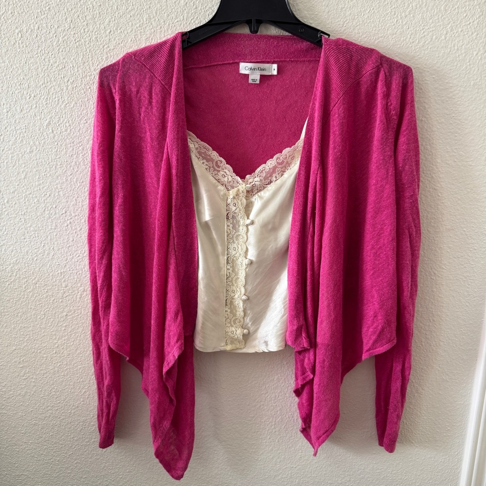 Calvin Klein Linen Blend Draped Open Front Cardigan M Hot Pink Y2K Barbiecore